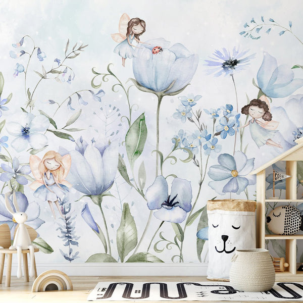 Cute Blue Flower Fairy Wall Mural SM054 - CostaCover - Peel and stick Removable Wallpaper - accent wallpaper - adhesive wallpaper - baby bedroom