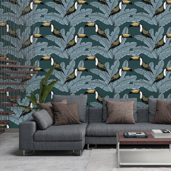 Toucan & Palm Leaves Wallpaper CC211 - CostaCover - Peel and stick Removable Wallpaper - adhesive wallpaper - Backsplash panels - banana leaves