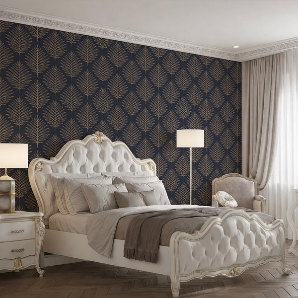 Navy Blue Palm Leaves Wallpaper L059