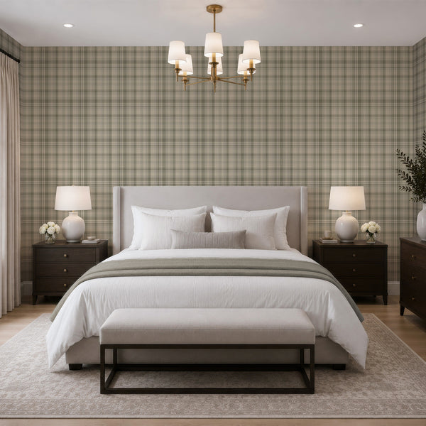 Sage green peel and stick wallpaper featuring intersecting horizontal and vertical tartan stripes with subtle geometric texture for neutral home decor.