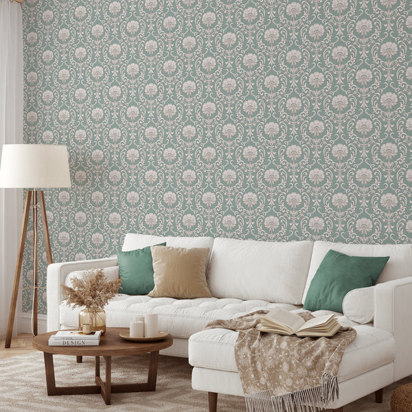 Seafoam damask wallpaper with blush motifs and brown linework, offering a classic, engraved-style texture for living rooms or bedrooms.