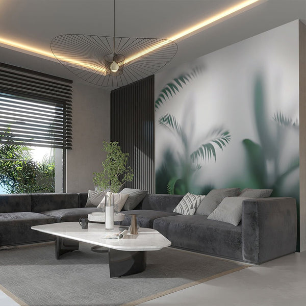 Green Foggy Palm Leaves Wall Mural SM021 - CostaCover - Peel and stick Removable Wallpaper - accent wallpaper - adhesive wallpaper - bathroom wallpaper