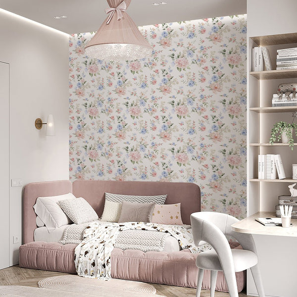 Pink Blue Flower Bouquet Wallpaper S059 - CostaCover - Peel and stick Removable Wallpaper - accent wallpaper - adhesive wallpaper - bathroom wallpaper