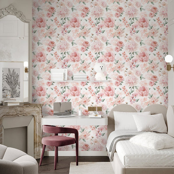 Pink Flowers Bouquet Wallpaper S058 - CostaCover - Peel and stick Removable Wallpaper - accent wallpaper - adhesive wallpaper - bathroom wallpaper