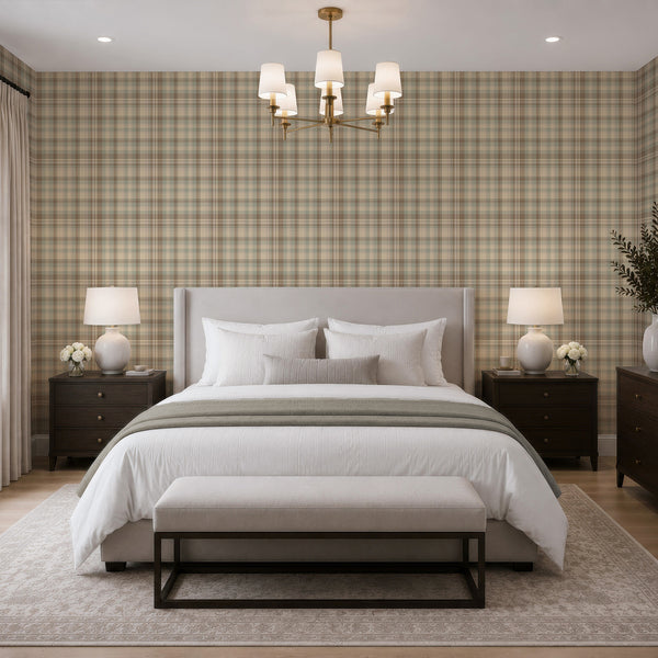 Beige and brown peel and stick wallpaper featuring intersecting tartan stripes and intricate woven-inspired zigzag texture for a warm cottage-style interior.