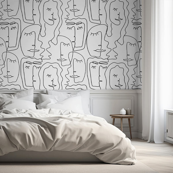 Black & White Abstract Female Face Wallpaper CC309 - CostaCover - Peel and stick Removable Wallpaper - Abstract - abstract lines - abstract mural