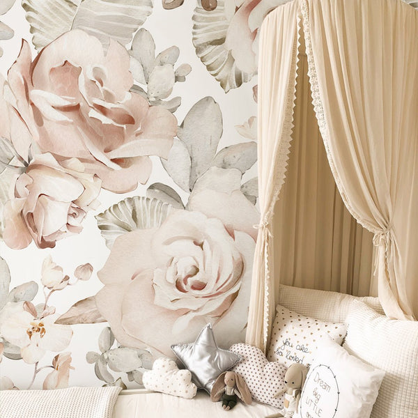 Soft Roses & Eucalyptus Wall Mural WM023 - CostaCover - Peel and stick Removable Wallpaper - adhesive wallpaper - baby bedroom - bedroom interior