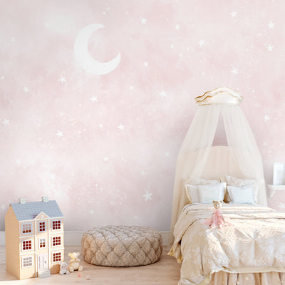 Pastel Pink Moon & Stars Wall Mural SM075