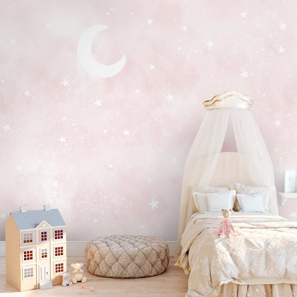 Pastel Pink Moon & Stars Wall Mural SM075 - CostaCover - Peel and stick Removable Wallpaper - Abstract - abstract wall art - abstract wallpaper