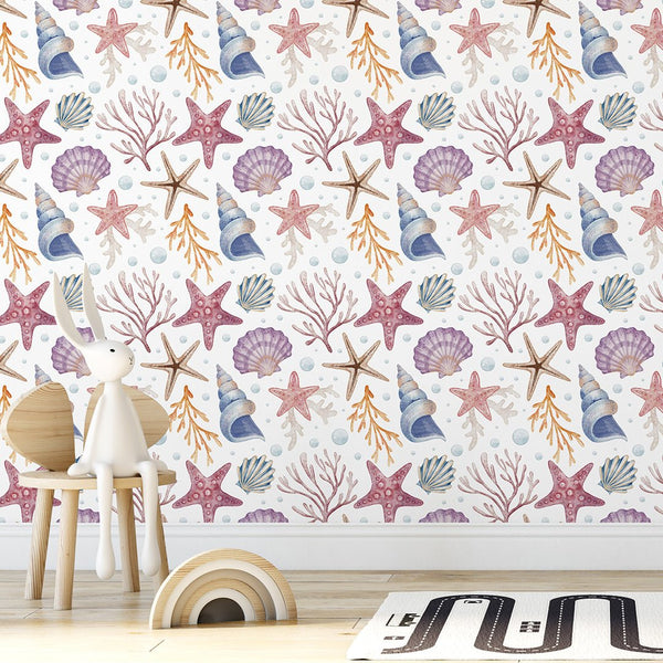 Seashells and Corals Wallpaper S090 - CostaCover - Peel and stick Removable Wallpaper - accent wallpaper - adhesive wallpaper - baby bedroom