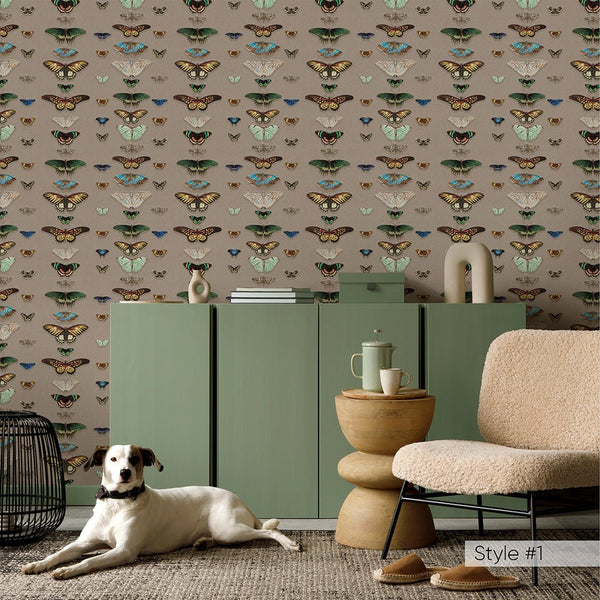 Beige Green Retro Butterflies Wallpaper W159 - CostaCover - Peel and stick Removable Wallpaper - accent wallpaper - adhesive wallpaper - bathroom wallpaper