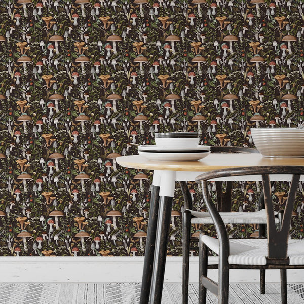 Brown Mushroom & Plants Wallpaper W147 - CostaCover - Peel and stick Removable Wallpaper - abstract floral - abstract wallpaper - accent wallpaper