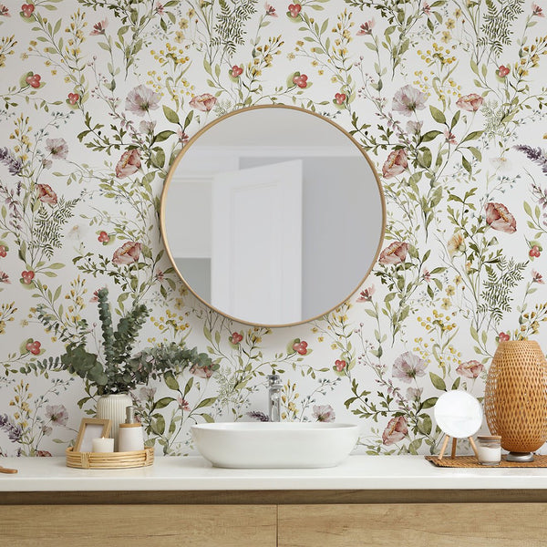 Red Yellow Wildflowers Wallpaper W065 - CostaCover - Peel and stick Removable Wallpaper - abstract wallpaper - accent wallpaper - adhesive wallpaper