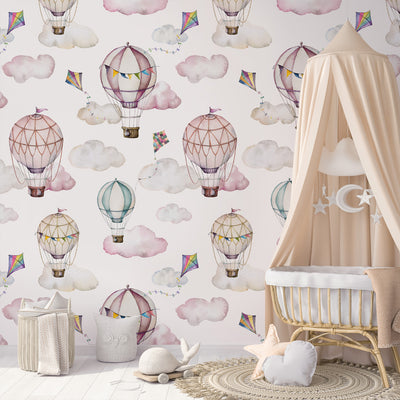 Pink Air Balloons and Clouds Self Adhesive Wallpaper W072