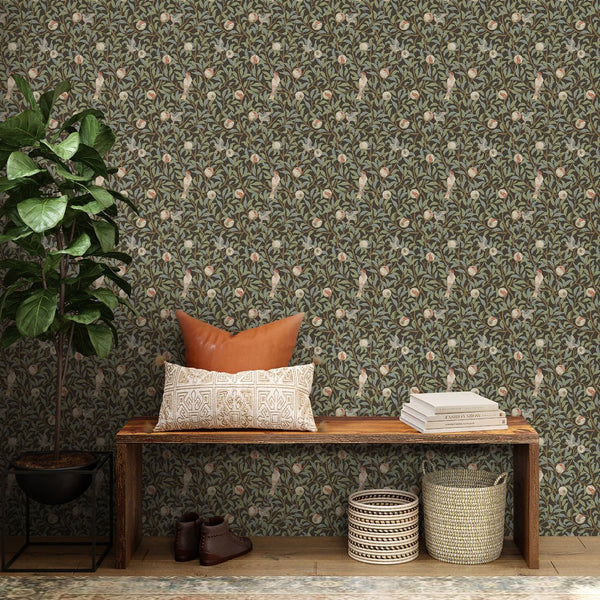 Green Bird & Pomegranate by Morris Wallpaper W085 - CostaCover - Peel and stick Removable Wallpaper - abstract floral - abstract wall art - abstract wallpaper