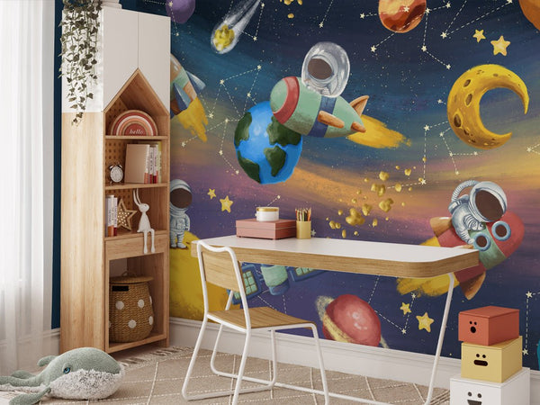 Colorful Bright Space Wall Mural WM074 - CostaCover - Peel and stick Removable Wallpaper - accent wallpaper - adhesive wallpaper - Aqua blue wallpaper