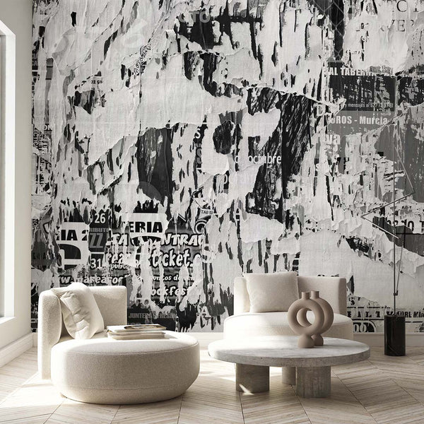 Black & White Torn Newspaper Wall Mural CCM196 - CostaCover - Peel and stick Removable Wallpaper - Abstract - abstract lines - abstract mural