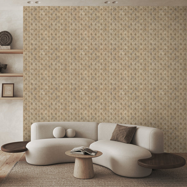 Neutral beige damask wallpaper featuring brown ornamental patterns and a distressed finish, perfect for farmhouse bedroom or vintage living room decor.