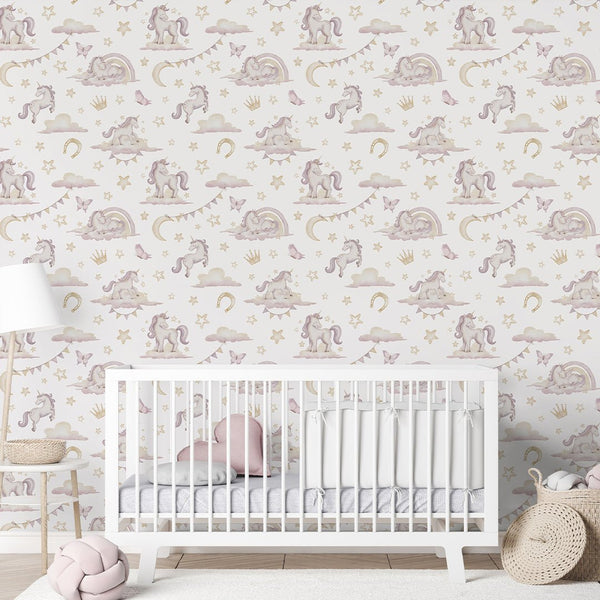 Pink Unicorns on Clouds Wallpaper A044 - CostaCover-Peel and stick Removable Wallpaper-accent wallpaper-adhesive wallpaper-baby bedroom