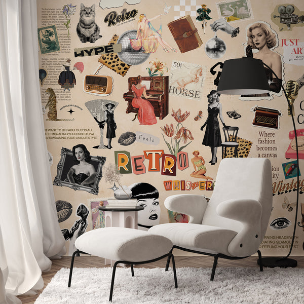 Retro fashion elements like pin-ups and typography on a vintage paper ground, forming a non-repeating montage. This mural is perfect for a boutique accent wall or a bold bedroom feature, offering a unique, artistic flair.