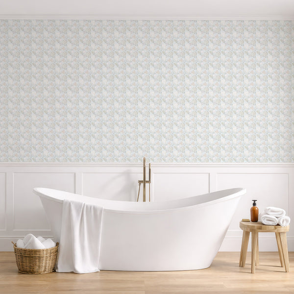 Beach-inspired wallpaper featuring oversized seashells, nautilus shells, and delicate pearl details on a soft blue watercolor background.