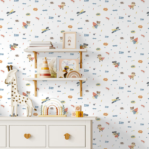 Playful superhero wallpaper featuring small watercolor characters, blue masks, yellow lightning bolts, red stars and comic book words on white.