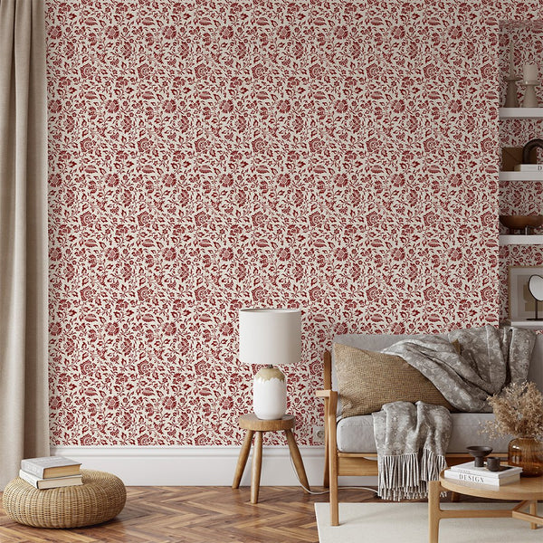 Red Vintage Flowers Wallpaper CC344 - CostaCover - Peel and stick Removable Wallpaper - accent wallpaper - adhesive wallpaper - bathroom wallpaper
