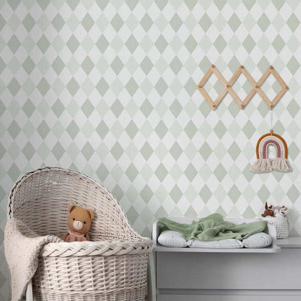 Sage green geometric wallpaper featuring a neat rhombus lattice. Perfect for modern Scandinavian interiors. Self-adhesive and easy to reposition, ideal for renters and decorators.