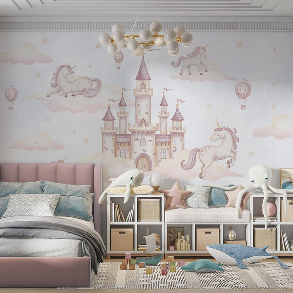 Airy Kingdom & Unicorns Wall Mural AM135 - CostaCover-Peel and stick Removable Wallpaper-accent wallpaper-adhesive wallpaper-baby bedroom