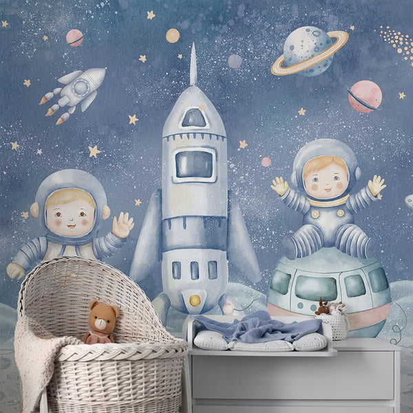 Blue Astronauts & Spaceship Wall Mural SM085 - CostaCover - Peel and stick Removable Wallpaper - accent wallpaper - adhesive wallpaper - baby bedroom