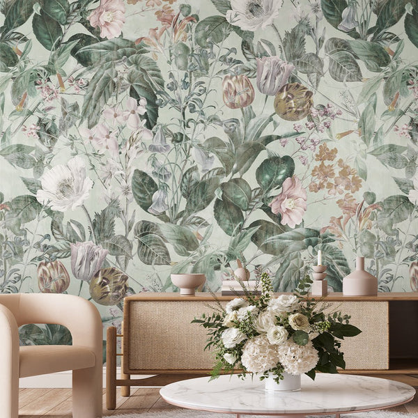 Green Vintage Flowers Garden Wall Mural SM045 - CostaCover - Peel and stick Removable Wallpaper - Abstract - abstract floral - abstract wallpaper