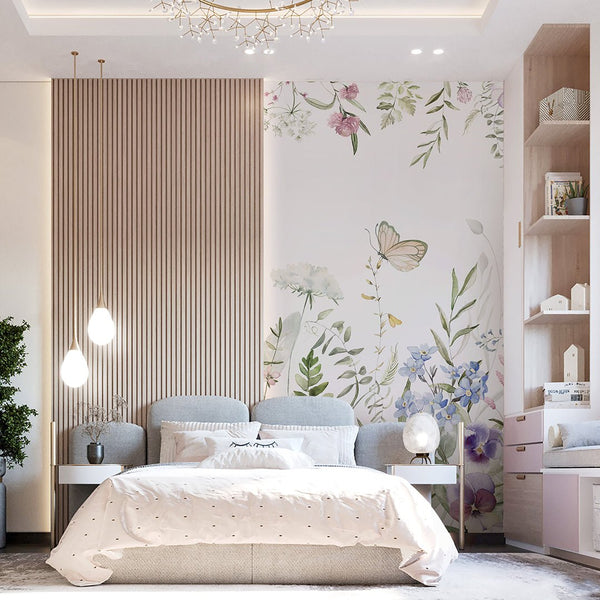 Wildflowers and Butterflies Wall Mural SM041 - CostaCover - Peel and stick Removable Wallpaper - accent wallpaper - adhesive wallpaper - baby bedroom