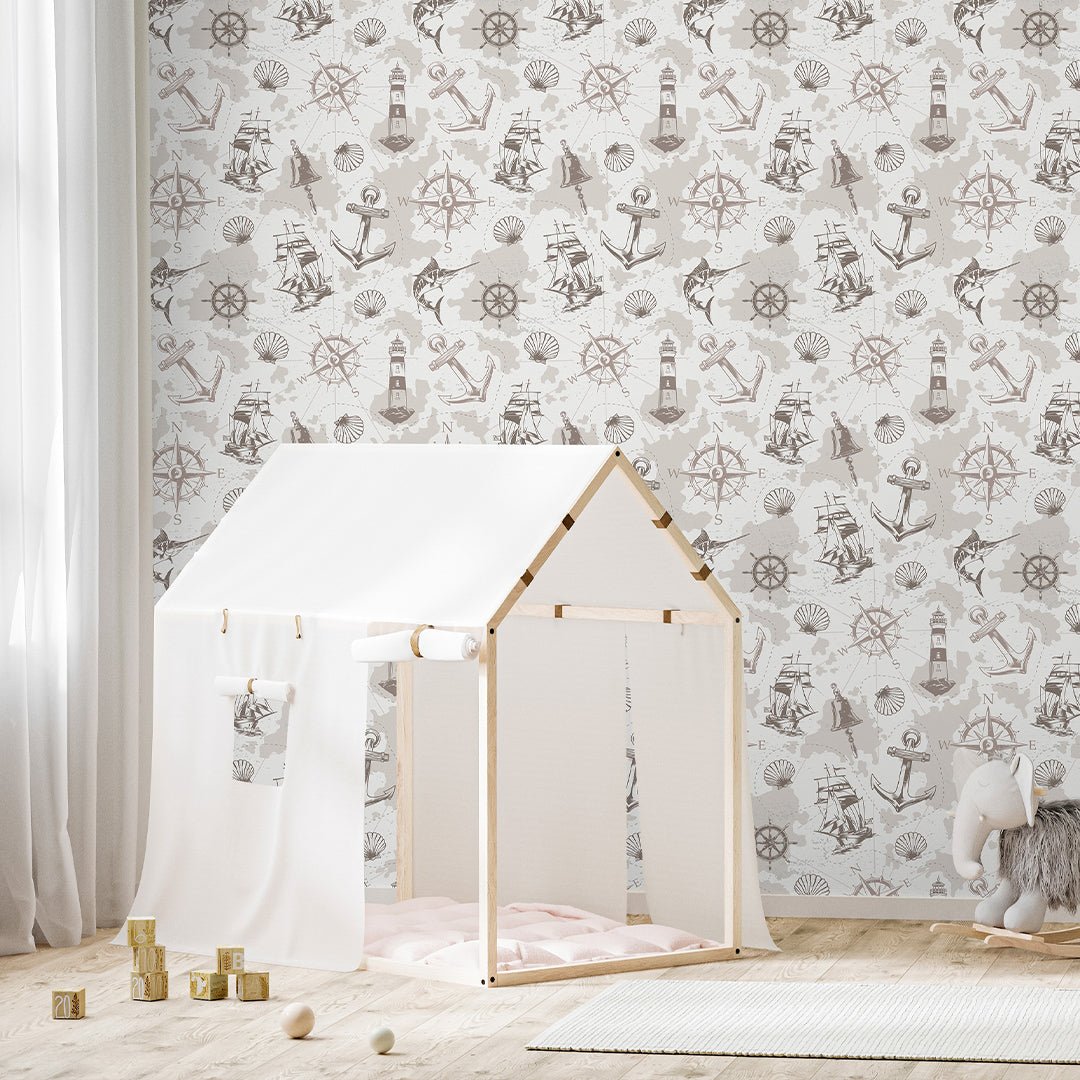 Beige Marine Map Wallpaper A090