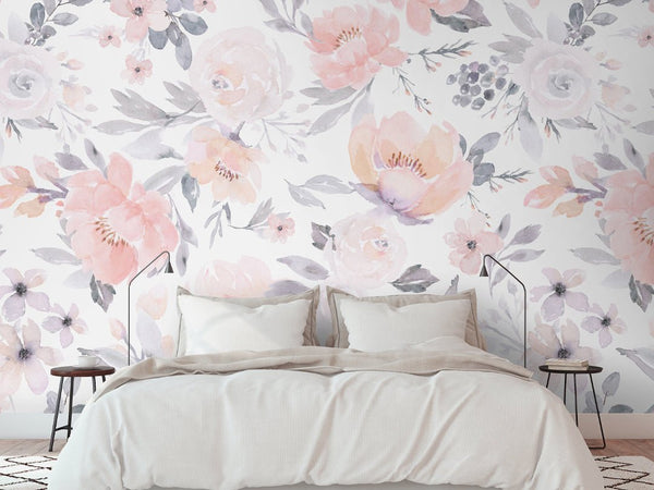 Soft Pink & Lilac Flowers Wall Mural WM002 - CostaCover - Peel and stick Removable Wallpaper - accent wallpaper - adhesive wallpaper - bathroom wallpaper