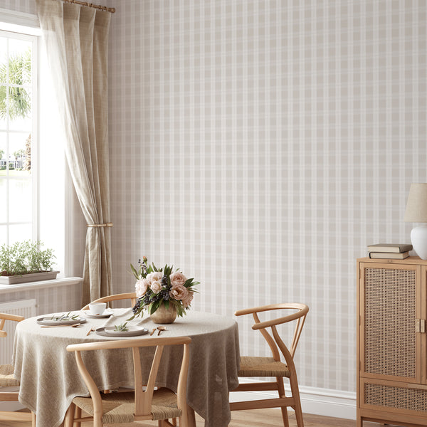 Farmhouse plaid wallpaper in warm beige and off-white with refined intersecting lines, creating a soft backdrop for living rooms and bedrooms.