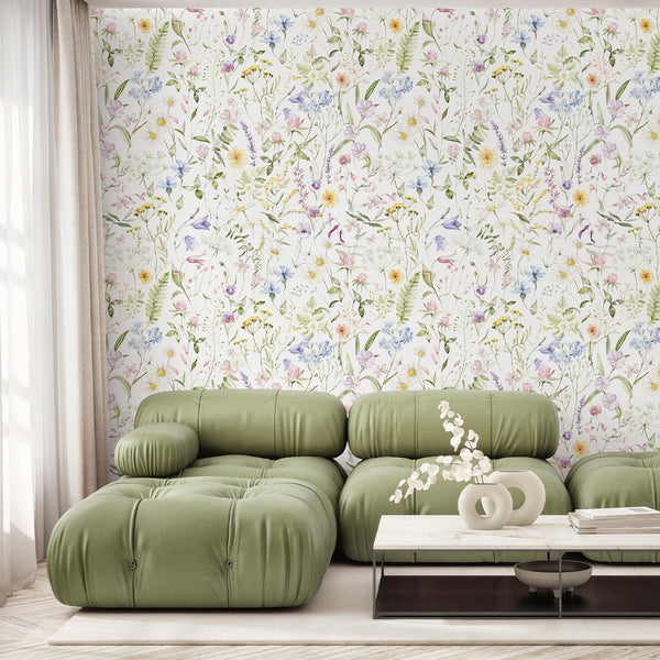 Pastel Delicate Wildflowers Wallpaper S073 - CostaCover - Peel and stick Removable Wallpaper - accent wallpaper - adhesive wallpaper - baby bedroom