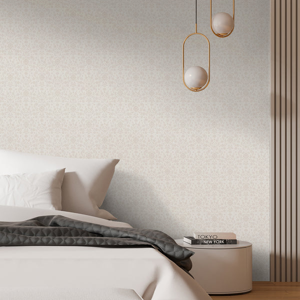 Light beige botanical damask wallpaper featuring large stylized flowers, decorative leaves and elegant scrolling vines in a subtle monochromatic floral design.