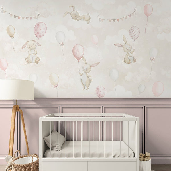 Beige Bunny & Balloons Wall Mural SM078 - CostaCover - Peel and stick Removable Wallpaper - abstract wall art - abstract wallpaper - accent wallpaper