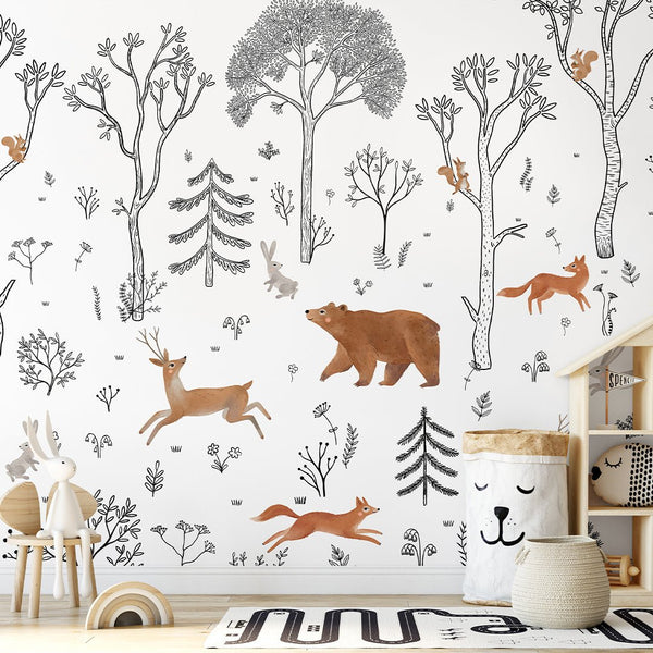 Black White Beige Forest Animals Wall Mural SM015 - CostaCover - Peel and stick Removable Wallpaper - accent wallpaper - adhesive wallpaper - animal print