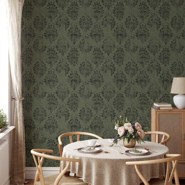 Ornate damask pattern with charcoal-black on deep green, ideal for gothic or French country decor themes.