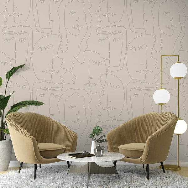 Beige Abstract Female Face Wallpaper CC307 - CostaCover - Peel and stick Removable Wallpaper - Abstract - abstract lines - abstract mural