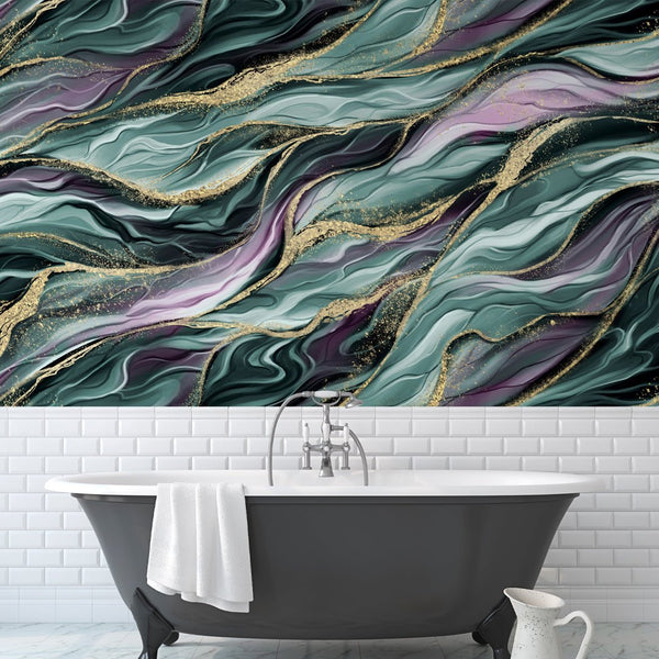 Green Purple Waves Wall Mural CCM121 - CostaCover - Peel and stick Removable Wallpaper - Abstract - abstract lines - abstract wall art