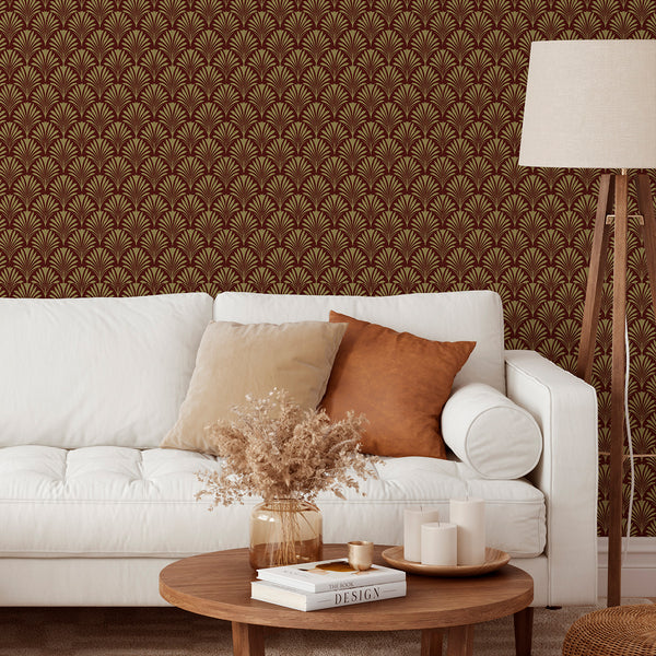 Burgundy Botanical Art Deco Wallpaper L019