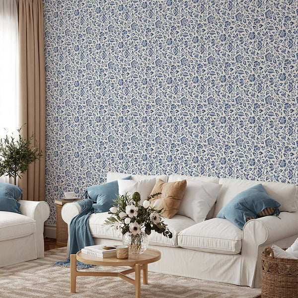 Blue Vintage Flowers Wallpaper CC347 - CostaCover - Peel and stick Removable Wallpaper - accent wallpaper - adhesive wallpaper - bathroom wallpaper