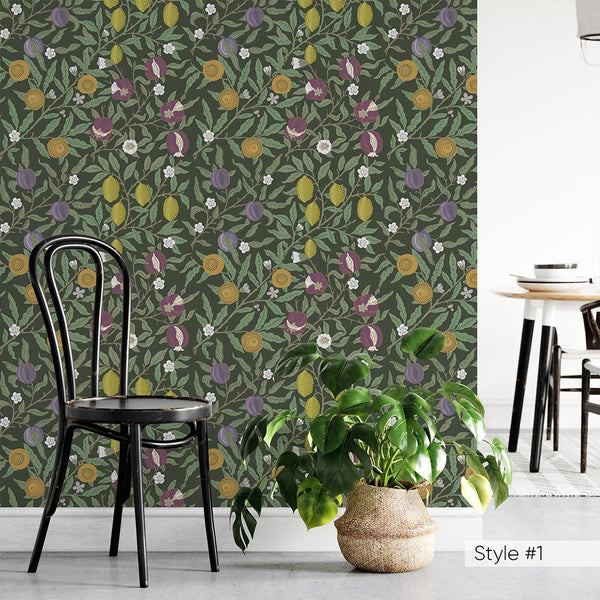 Green & White Fruit or Pomegranate by Morris Wallpaper W115 - CostaCover - Peel and stick Removable Wallpaper - abstract floral - abstract wall art - abstract wallpaper