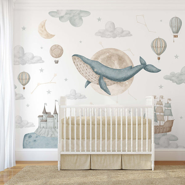 Whale Moon Sky Cloud Wall Mural SM006 - CostaCover - Peel and stick Removable Wallpaper - accent wallpaper - adhesive wallpaper - animal print