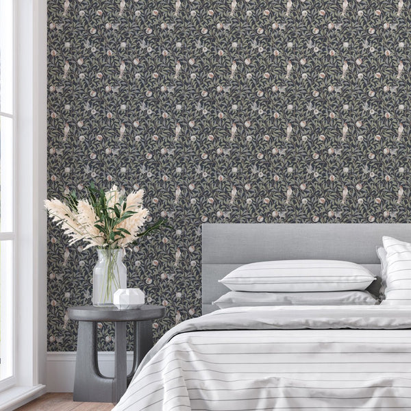 Blue Bird & Pomegranate by Morris Wallpaper W086 - CostaCover - Peel and stick Removable Wallpaper - abstract floral - abstract wall art - abstract wallpaper