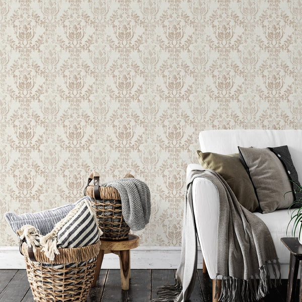 Peel and stick Rococo wallpaper in warm brown and beige with a softly distressed finish, ideal for creating a timeless accent wall in a dining room or hallway. Easy to apply and reposition, perfect for decorators.