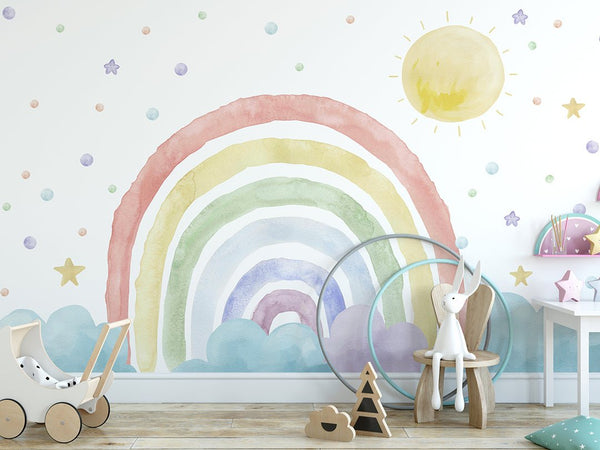 Colorful Rainbow & Sun Wall Mural WM060 - CostaCover - Peel and stick Removable Wallpaper - abstract wallpaper - adhesive wallpaper - Aqua blue wallpaper