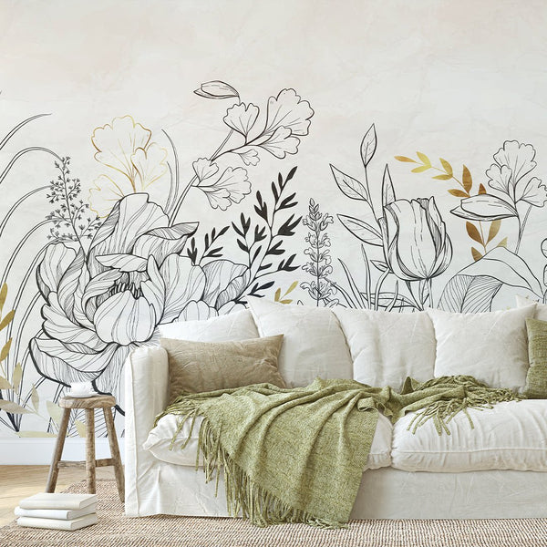 Black & Gold Flower Wall Mural CCM157 - CostaCover - Peel and stick Removable Wallpaper - Abstract - abstract floral - abstract lines